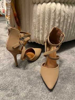 Ollio Beige Pointed Toe Strappy Stiletto Heels